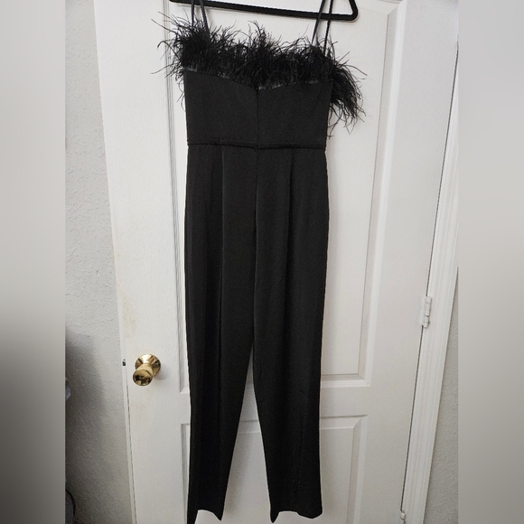 Ieena for Mac DuggalBlack Strapless Jumpsuit with Feather Trim 68146 SZ  6 NEW - Picture 6 of 11